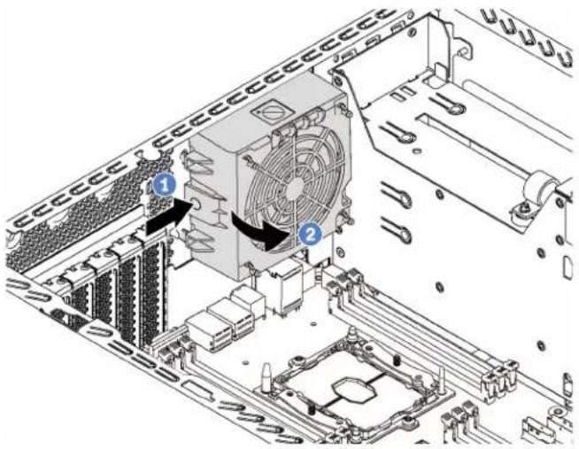 Technical diagram of a computer motherboard showing CPU socket, fan, and drive components with numbered annotations