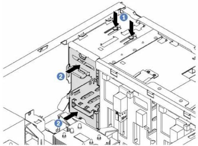 Technical diagram of a computer chassis with numbered components and directional arrows indicating assembly or movement.