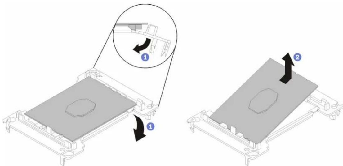 Technical diagram showing two views of a device component with numbered annotations indicating assembly steps.