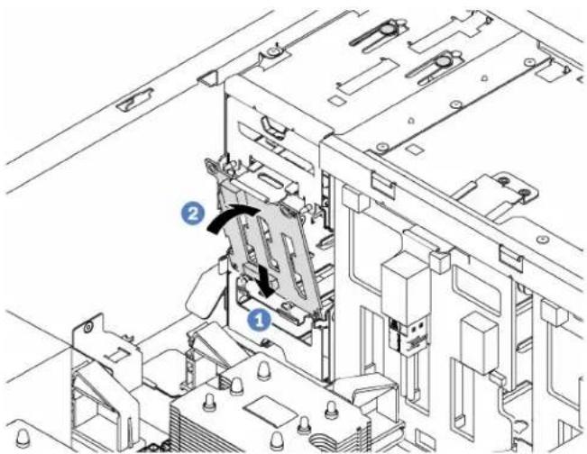 Technical diagram of a mechanical assembly with numbered components and directional arrows indicating movement or force.