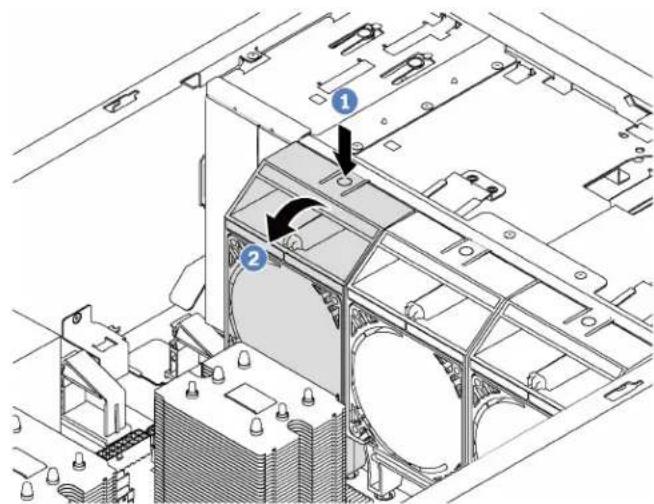Technical diagram of a mechanical assembly with numbered components and directional arrows indicating parts of the frame.