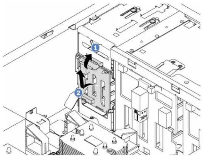 Technical diagram of an electronic device showing labeled components and directional arrows indicating assembly or movement.
