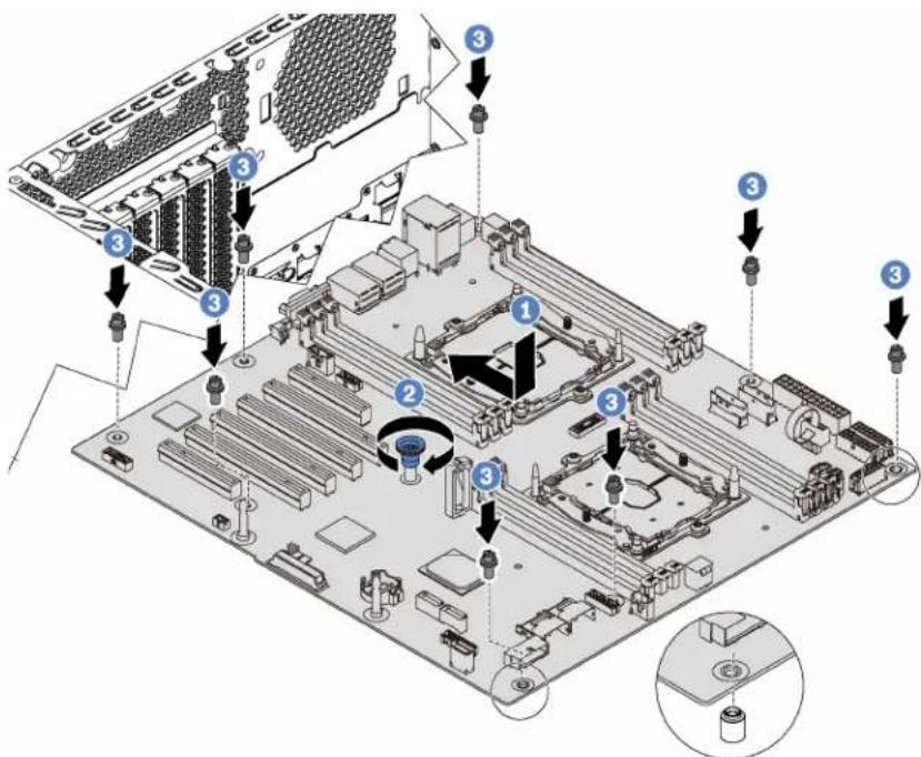Technical diagram of a computer motherboard with numbered components and a close-up view of the component.