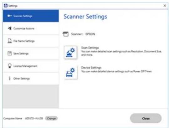 Settings Scanner Settings Customize Actions File Name Settings Save Settings License Management Other Settings Scanner Settings Scanner: EPSON Scan Settings You can make detailed scan settings such as Resolution, Document Size, and more. Device Settings You can make detailed device settings such as…