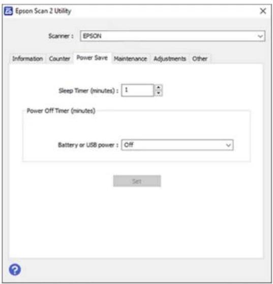 Epson Scan 2 Utility Scanner: EPSON Information Counter Power Save Maintenance Adjustments Other Sleep Timer (minutes): 1 Power Off Timer (minutes) Battery or USB power: Off Set