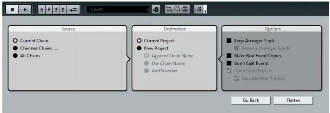 Source Current Chain Checked Chains .... All Chains Destination Current Project New Project Append Chain Name Use Chain Name Add Number Options Keep Arranger Track Rename Arranger Events Make Real Event Copies Don't Split Events Open New Projects Cascade New Projects Go Back Flatten