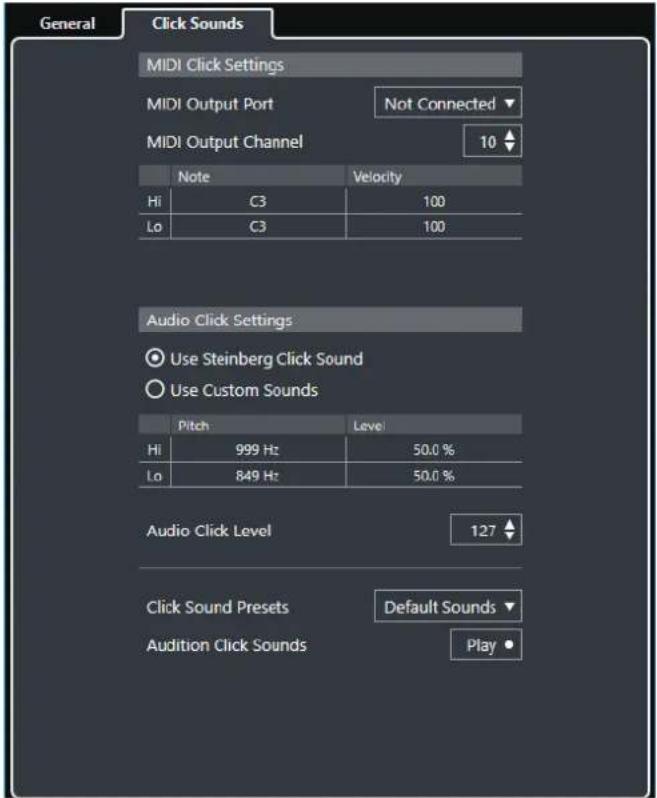 General Click Sounds MIDI Click Settings MIDI Output Port Not Connected ▼ MIDI Output Channel 10 ▼ Note Velocity Hi C3 100 Lo C3 100 Audio Click Settings Use Steinberg Click Sound Use Custom Sounds Pitch Level Hi 999 Hz 50.0 % Lo 849 Hz 50.0 % Audio Click Level 127 ▼ Click Sound Presets Default Soun…