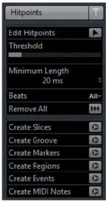 Hitpoints Edit Hitpoints Threshold Minimum Length 20 ms Beats All- Remove All Create Slices Create Groove Create Markers Create Regions Create Events Create MIDI Notes