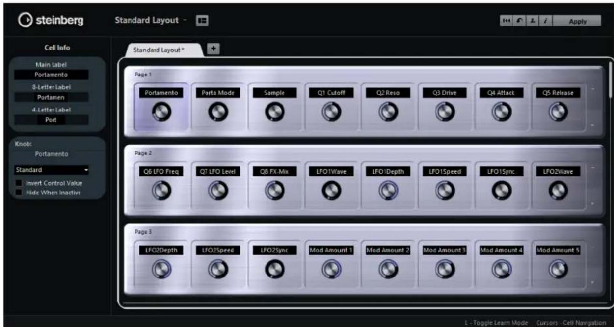 Steinberg. Standard Layout - Cell Info. Main label: Portamento. 8-Letter Label: Portamen. 4-Letter Label: Port. Knob: Portamento. Standard. Invert Control Value. Hide When Inactive. Standard Layout * Page 1: Portamento, Porta Mode, Sample, Q1 Cutoff, Q2 Reso, Q3 Drive, Q4 Attack, Q5 Release. Page 2:…