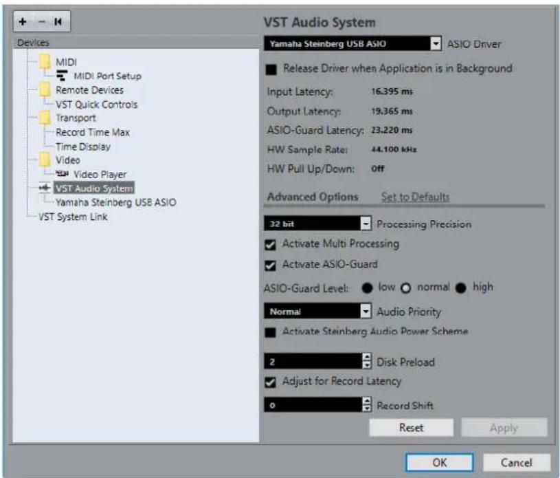 VST Audio System Yamaha Steinberg USB ASIO ASIO Driver Release Driver when Application is in Background Input Latency: 16.395 ms Output Latency: 19.365 ms ASIO-Guard Latency: 23.220 ms HW Sample Rate: 44.100 kHz HW Pull Up/Down: Off Advanced Options Set to Defaults 32 bit Processing Precision Activa…