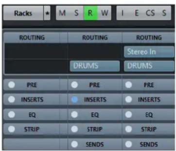 Racks M S R W I E CS S ROUTING ROUTING ROUTING Stereo In DRUMS DRUMS PRE PRE PRE INSERTS INSERTS INSERTS EQ EQ EQ STRIP STRIP STRIP SENDS SENDS