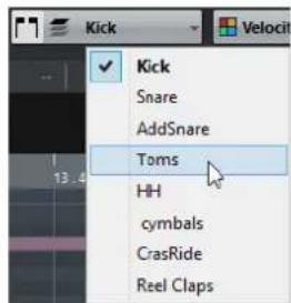 Kick Snares AddSnare Toms HH cymbals CrasRide Reel Claps