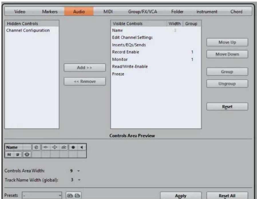 Video Markers Audio MIDI Group/FX/VCA Folder Instrument Chord Hidden Controls Channel Configuration Visible Controls Width Group Name 3 Edit Channel Settings: Inserts/EQs/Sends Record Enable 1 Monitor 1 Read/Write-Enable Freeze Add >> << Remove Move Up Move Down Group Ungroup Reset Controls Area Pre…