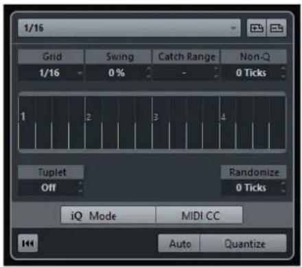 1/16, Grid Swing Catch Range Non-Q, 1/16 0% - 0 Ticks, 1 2 3 4, Tuplet, Off Randomize, iQ Mode MIDI CC, Auto Quantize