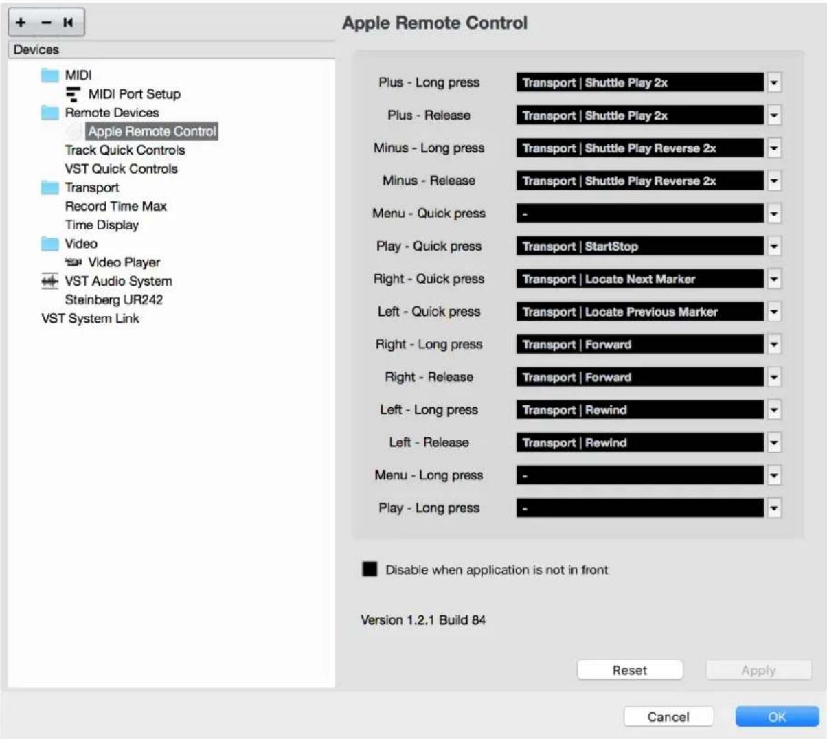 Apple Remote Control Devices MIDI MIDI Port Setup Remote Devices Apple Remote Control Track Quick Controls VST Quick Controls Transport Record Time Max Time Display Video Video Player VST Audio System Steinberg UR242 VST System Link Plus - Long press Transport | Shuttle Play 2x Plus - Release Transp…