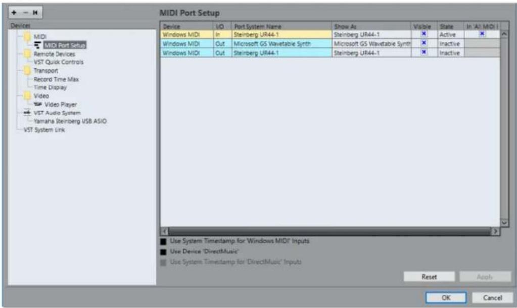 MIDI Port Setup Device MIDI MIDI Port Setup Remote Devices VST Quick Controls Transport Record Time Max Time Display Video Video Player VST Audio System Yamaha Steinberg USB ASIO VST System Link Device I/O Port System Name Show As Visible State In All MIDI Windows MIDI In Steinberg UR44-1 Steinberg…