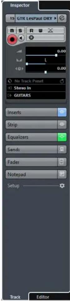 Inspector 15 GTR LesPaul DRY m S R W 0.00 L 0.00 No Track Preset Stereo In GUITARS Inserts Strip Equalizers Send: Fader Notepad Setup Track Editor