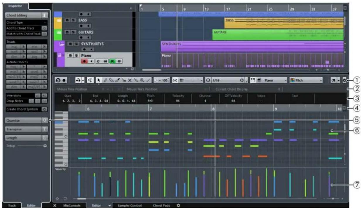 Inspector: Chord Editing, Chord Type, Add to Chord Track, Match with Chord Track, Triads, 4-Note Chords, Inversions, Drop Notes, Create Chord Symbols, Quantize, Transpose, Length, Setup, Track, Editor, MixConsole, Editor, Sampler Control, Chord Pads. Numbers 1, 5, 9, 13, 17, 21, 25, 29, 33, 37. BASS…