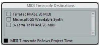 MIDI Timecode Destinations □ TerraTec PHASE 26 MIDI □ Microsoft GS Wavetable Synth □ 3- TerraTec PHASE 26 MIDI ■ MIDI Timecode Follows Project Time