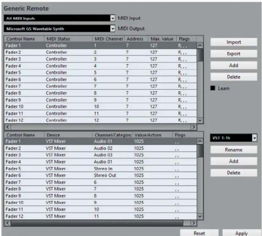 Generic Remote. All MIDI Inputs. MIDI Input. Microsoft GS Wavetable Synth. MIDI Output. Control Name, MIDI Status, MIDI Channel, Address, Max. Value, Flags. Fader 1: Controller 1, 7, 127, R... Fader 2: Controller 2, 7, 127, R... Fader 3: Controller 3, 7, 127, R... Fader 4: Controller 4, 7, 127, R...…