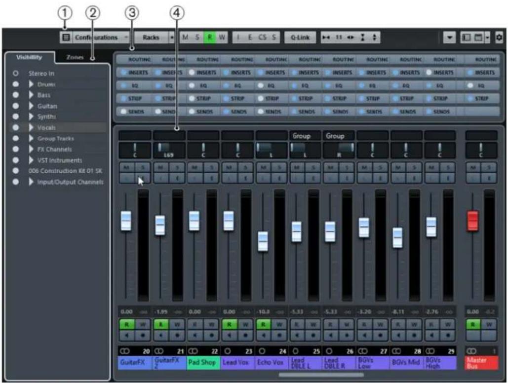 Configurations, Racks, Q-Link, Visibility, Zones, Stereo In, Drums, Bass, Guitar, Synthi, Vocals, Group Tracks, FX Channels, VST Instruments, 006 Construction Kit 01 SK, Input/Output Channels. Routing sections repeated. Inserts sections repeated. Input. EQ sections repeated. Listp strip sections rep…