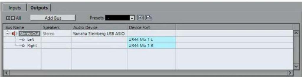 Inputs Outputs All Add Bus Presets Bus Name Speakers Audio Device Device Port Stereo Out Stereo Yamaha Steinberg USB ASIO Left UR44 Mix 1 L Right UR44 Mix 1 R