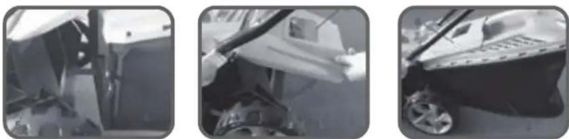 Three black-and-white photos showing a damaged vehicle interior, a damaged car wheel, and a damaged vehicle exterior (no visible text or symbols)