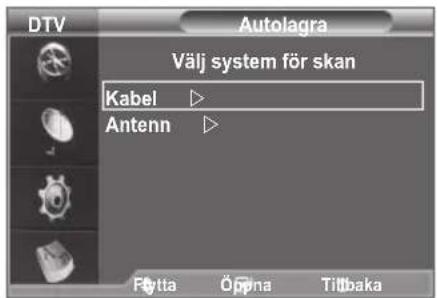 DTV Autolagra Välj system för skan Kabel ▶ Antenn ▶ Flytta Öppna Tillbaka