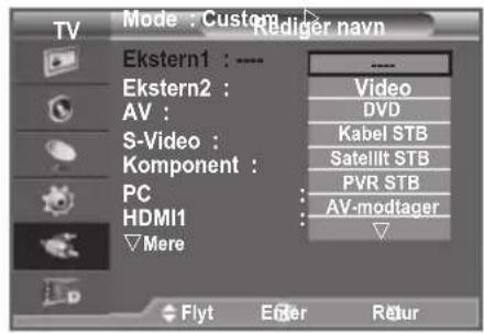 Mode : Custom Rediger navn Ekstern1 : ---- Ekstern2 : AV : S-Video : Komponent : PC : HDMI1 ▽ Mere Video DVD Kabel STB Satellit STB PVR STB AV-modtager Flyt Enter Retur