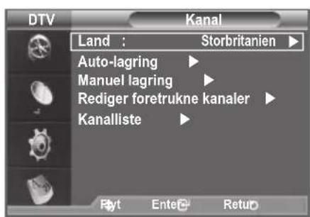 DTV Land : Storbritannien ▶ Auto-lagring ▶ Manuel lagring ▶ Rediger foretrukne kanaler ▶ Kanalliste ▶ Ret Enter Retur