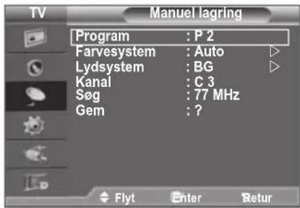 TV Manuel lagring Program: P 2 Farvesystem: Auto Lydsystem: BG Kanal: C 3 Søg: 77 MHz Gem: ?