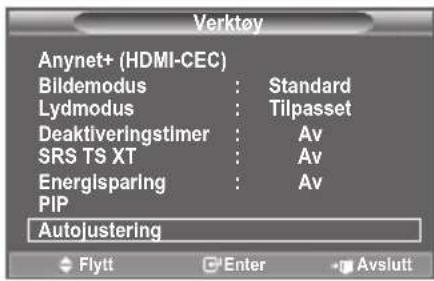 Verktøy Anynet+ (HDMI-CEC) Bildemodus: Standard Lydmodus: Tilpasset Deaktiveringstimer: Av SRS TS XT: Av Energisparing: Av PIP Autojustering Flytt Enter Avslutt