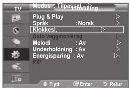 Modus: Tilpasset Innstilling Plug & Play Språk: Norsk Klokkesl. Auto veggmontering Melodi: Av Underholdning: Av Energisparing: Av PIP Flytt Enter Retur