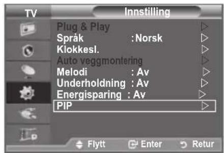 Innstilling Plug & Play Språk: Norsk Klokkesl. Auto veggmontering Melodi: Av Underholdning: Av Energisparing: Av PIP Flytt Enter Retur