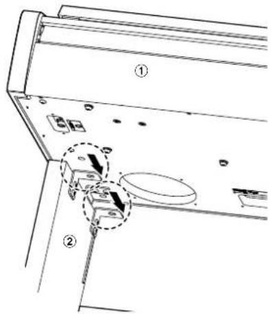 Technical diagram showing two labeled components (① and ②) of a mechanical or electronic assembly with internal features and alignment indicators.