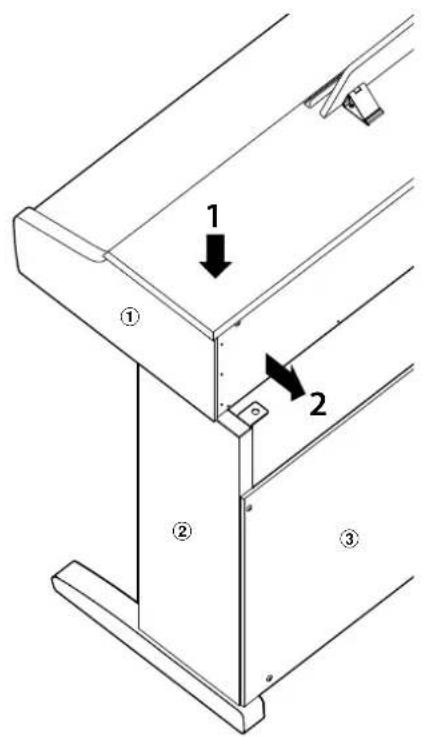 Technical diagram showing a structural assembly with labeled components and directional arrows indicating movement or force.