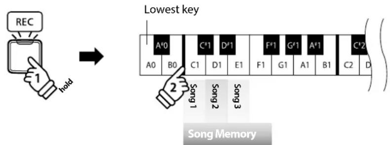 REC hold Lowest key A'0 C'1 D'1 F'1 G'1 A'1 C'2 A0 B0 C1 D1 E1 F1 G1 A1 B1 C2 D Song 1 Song 2 Song 3 Song Memory