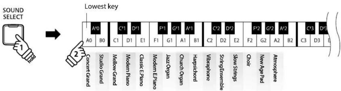 SOUND SELECT 1 hold Lowest key A'0 C'1 D'1 F'1 G'1 A'1 C'2 D'2 F'2 G'2 A'2 C'3 D'3 A0 B0 C1 D1 E1 F1 G1 A1 B1 C2 D2 E2 F2 G2 A2 B2 C3 D3 E 2 Concert Grand Studio Grand Mellow Grand Modern Piano Classic E Piano Modern E Piano Jazz Organ Church Organ Harpsichord Vibraphone StringEnsemble Slow Strings…