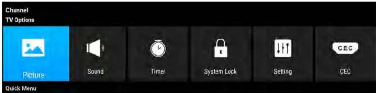 Channel TV Options Picture Sound Timer System Lock Setting CEC Quick Menu