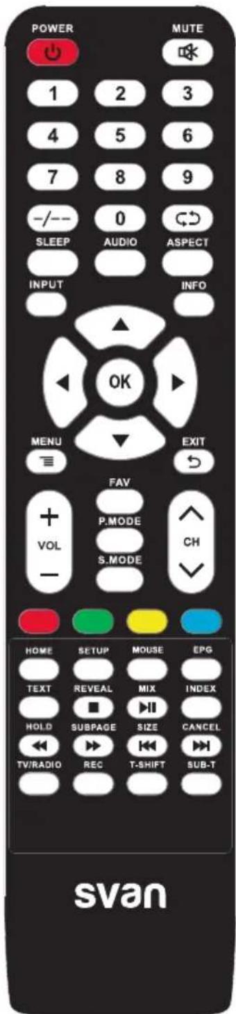 POWER MUTE 1 2 3 4 5 6 7 8 9 -/- 0 SLEEP AUDIO ASPECT INPUT INFO OK MENU EXIT FAV P.MODE VOL S.MODE CH - HOME SETUP MOUSE EPG TEXT REVEAL MIX INDEX HOLD SUBPAGE SIZE CANCEL TV/RADIO REC T-SHIFT SUB-T svan