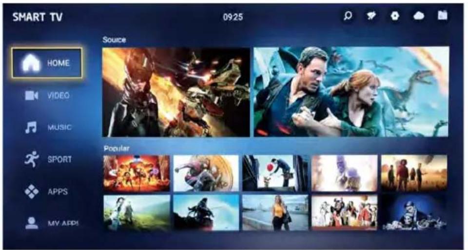 SMART TV 09:25 Source HOME VIDEO MUSIC SPORT APPS MY APPS Popular