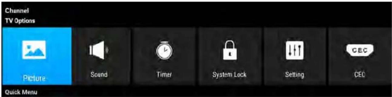 Channel TV Options Picture Sound Timer System Lock Setting CEC Quick Menu
