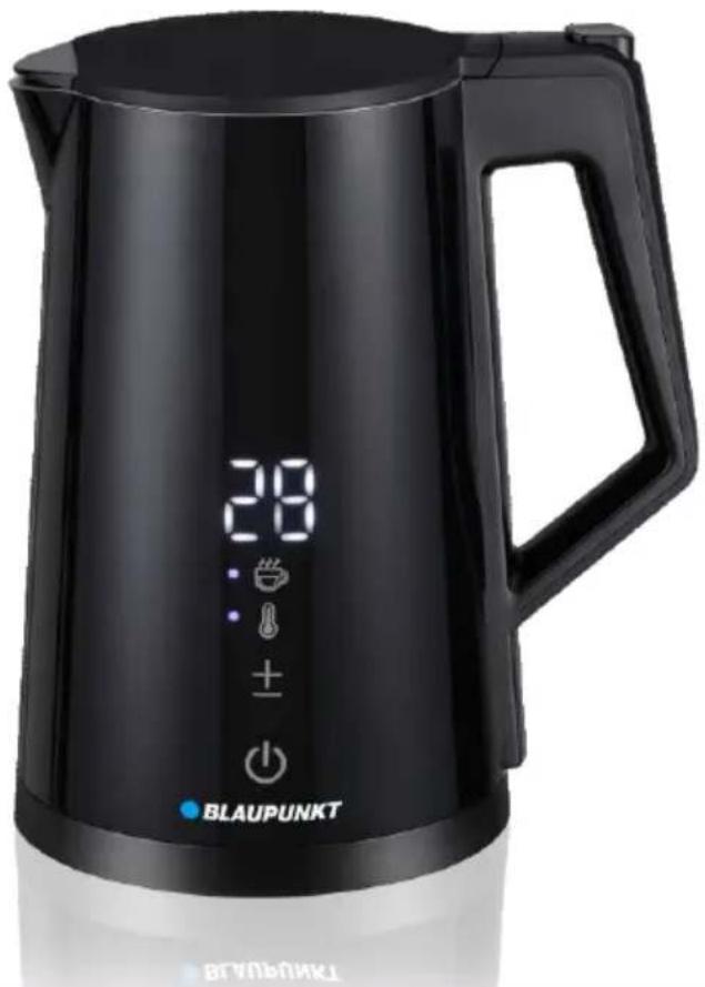 Chauffe-eau noir Blaupunkt avec affichage numérique et bouton d'alimentation (aucun texte ni symbole sur le corps)