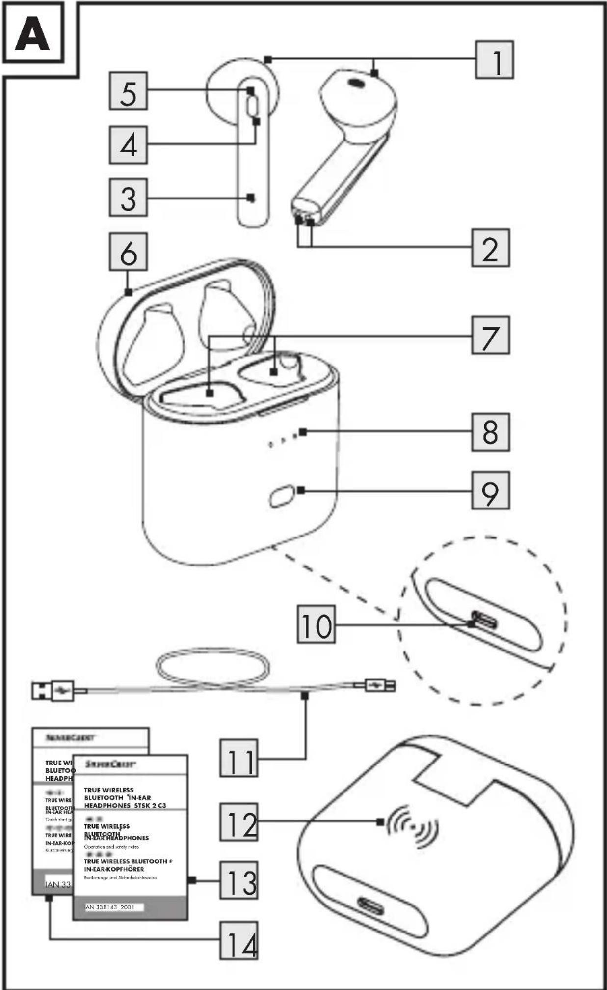 A 1 2 3 4 5 6 7 8 9 10 11 12 13 14 AN 33 AN 338 43 2001 TRUE WIRELESS BLUETOOTH 1N-EAR HEADPHONES STSK 2 C3 TRUE WIRELESS BLUETOOTH IN-EAR HEADPHONES Operance and safety notes TRUE WIRELESS BLUETOOTH # IN-EAR-KOPFHÖRER Radiozugs- und Schuldeteleisterns