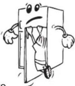 Cartoon illustration of a character inside a door, holding hands with arms outstretched (no text or symbols).