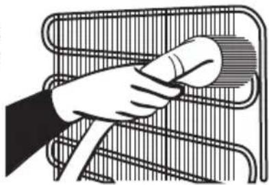 Illustration of a hand cleaning a metal rack with a circular object on top (no text or symbols)
