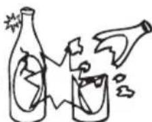 Simple line drawing of a bottle and glass with explosion effects.