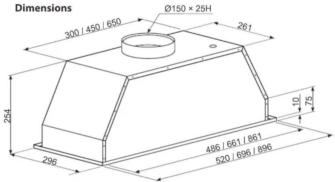 Dimensions Ø150 × 25H 300 / 450 / 650 261 254 10 75 486 / 661 / 861 520 / 696 / 896 296