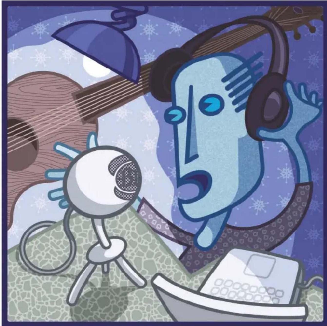 Illustration of a stylized blue figure with headphones and a microphone, surrounded by musical notes and a lamp (no text or symbols)