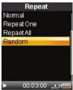 Repeat: Normal, Repeat One, Repeat All, Random